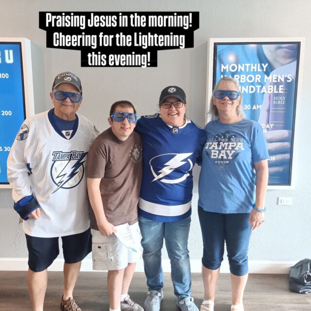 The Eddleman’s and Napoli’s are serving and praising God at The Harbor Church this morning (Psalm 100). 

Then they will be cheering for the Lightening in game 7 this evening! 

A full day. 
Go God!

#worship #bible #hockey lightening #tampabaylightning