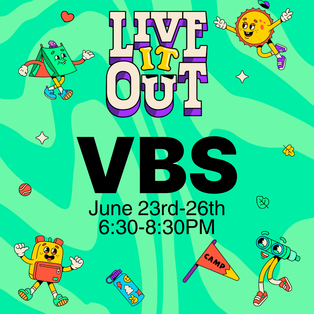 Colorful graphic design promoting Vacation Bible School with bold lettering, fun illustrations like stars, Bibles, and kids, and vibrant colors inviting families to join a week of faith-filled adventure.